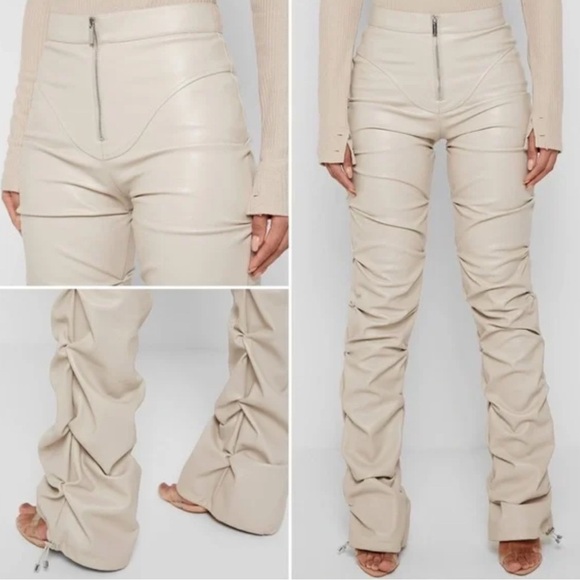 Maniere De Voir Stacked Vegan Leather Pants Beige US 6 UK 10 - Picture 1 of 8